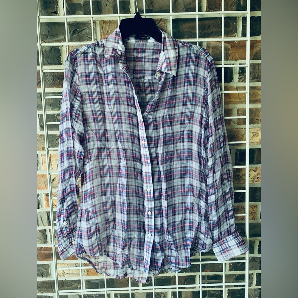 McLaughlin top small 100% silk purple lavender checkered button up down